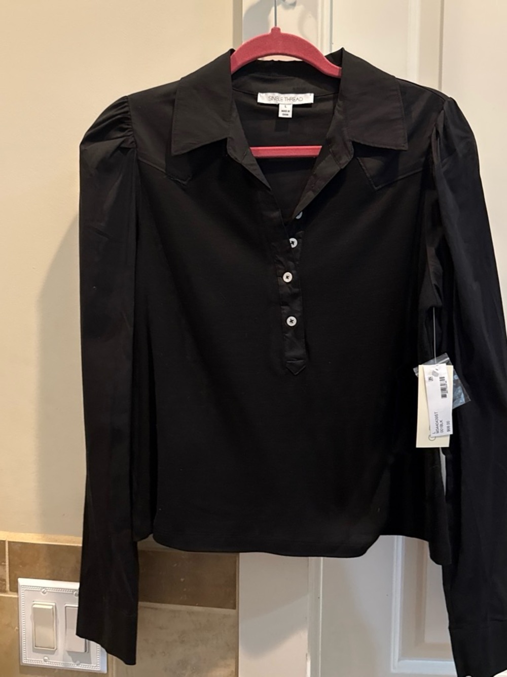 Black Long-Sleeve Button-Up Polo Blouse